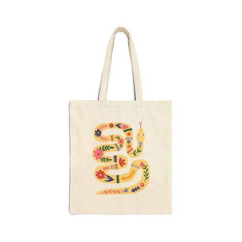 Colorful Floral Snake Tote Bag, Cotton Canvas Tote, Reusable Market Bag, Boho Shoulder Bag, Floral Print Tote, Eco-Friendly Shopping Bag